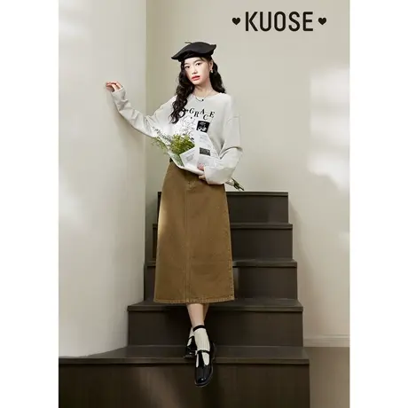 阔色复古卡其牛仔半身裙女2023秋新款直筒开叉一步裙a字包臀裙子商品大图