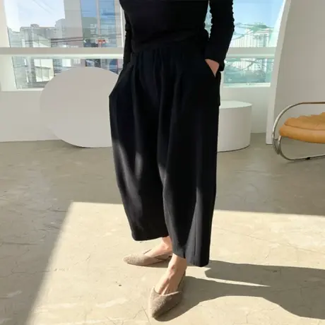 纯诗曼春夏秋新款松紧腰时尚休闲百搭西裤直筒小脚黑色阔腿哈伦裤图片