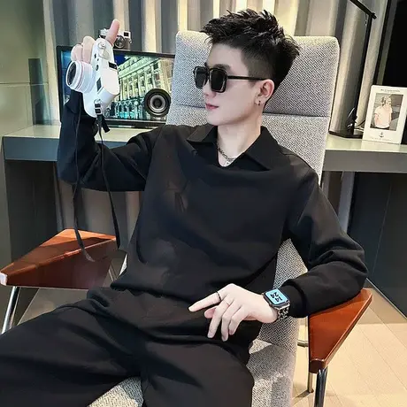 卫衣男ins潮流简约纯色翻领POLO衫上衣春季夜店轻熟休闲长袖T恤衫图片