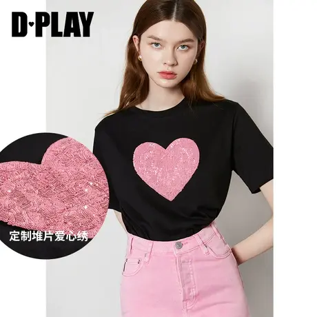 Dplay夏季新款甜美简约经典黑撞色定制爱心绣圆领短袖上衣商品大图