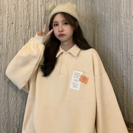 polo卫衣女2022年新款潮ins秋冬加绒加厚宽松bf慵懒风hiphop外套图片