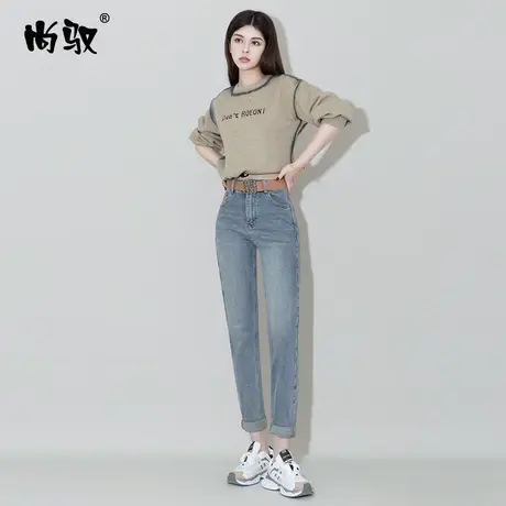 尚驭蓝色高腰牛仔蓝色微垮裤2024年春季新款休闲时尚老爹裤韩版裤图片
