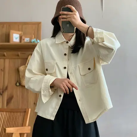 dza 复古短款纯色全棉大口袋外套女士2024春新款宽松休闲翻领上衣图片