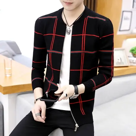 毛衣男士秋季韩版潮流修身针织开衫外套学生休闲帅气格子外穿线衣商品大图