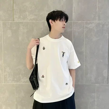 设计感韩版简约卡通刺绣短袖T恤男夏季ins小众半袖上衣轻熟半截袖商品大图