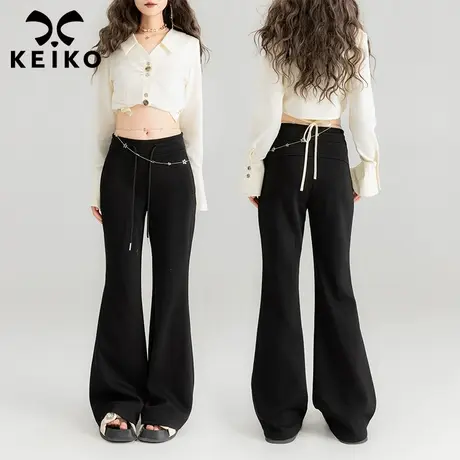 KEIKO 棉质微喇阔腿休闲裤2024春夏弹力松紧腰宽松遮胯显瘦直筒裤商品大图