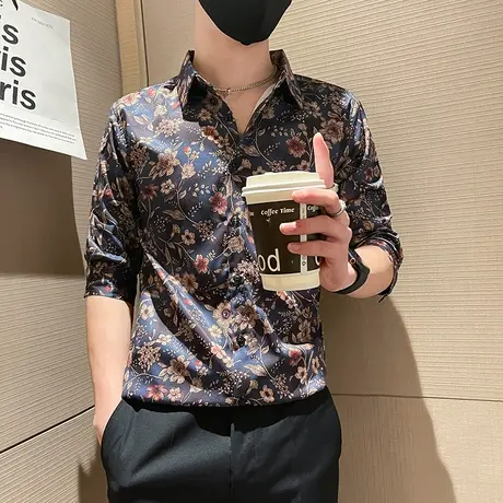 高级感碎花短袖衬衫夏季潮流韩版痞帅夜店五分袖潮牌男装满印衬衣商品大图