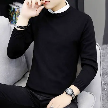 假两件毛衣男士秋冬季加绒保暖针织内搭打底衫带领休闲加厚上衣潮商品大图