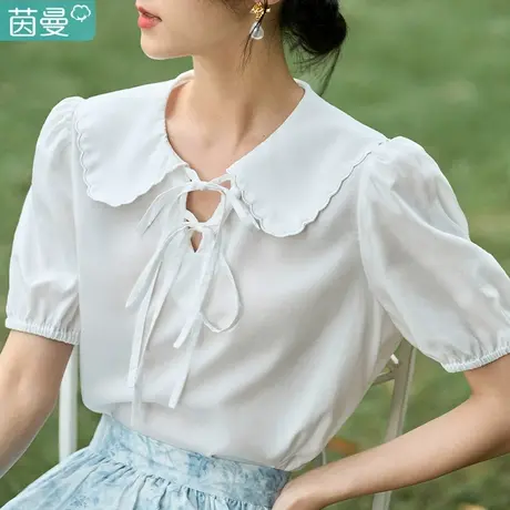 茵曼日系小个子穿搭新款时尚高端天丝小衫短袖衬衫女款夏天娃娃领商品大图