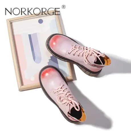 甜美蜜桃粉系带马丁靴图片