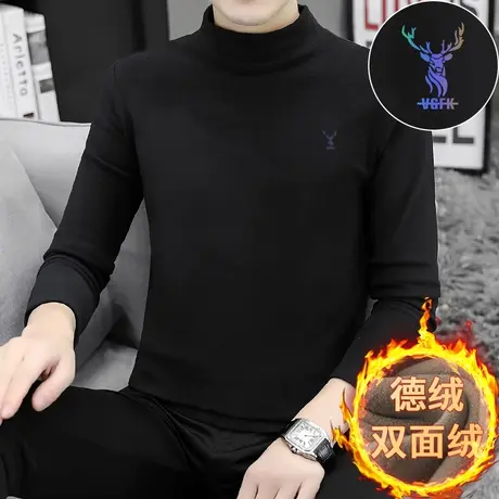 长袖t恤男半高领秋冬季保暖双面绒德绒打底衫中领内搭黑色秋衣服图片