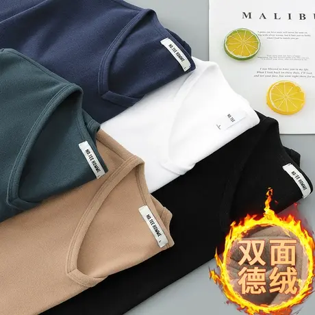 长袖t恤男装2023新款秋冬加绒保暖德绒双面绒打底衫V领纯色秋衣服商品大图