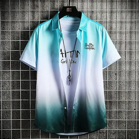 夏季短袖冰丝衬衫男士韩版潮流渐变宽松夏装学生衬衣薄款休闲外套商品大图