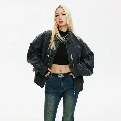 美式复古潮牌皮衣女2023新款春秋街头机车风pu皮夹克外套宽松上衣商品大图