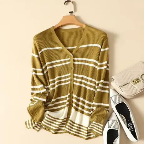 清仓！秋季款针织羊毛开衫女V领条纹长袖宽松显瘦百搭外套毛衣女图片