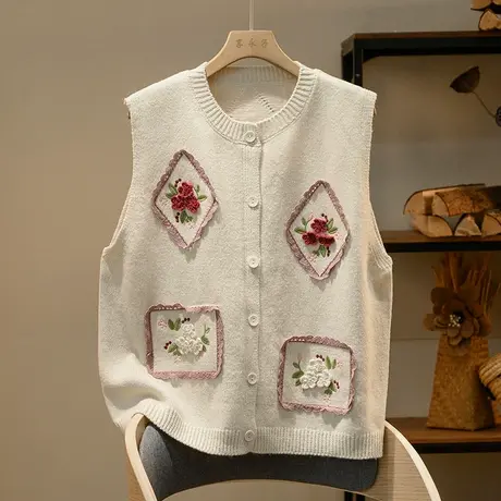 享永子 【理想花园】 手工订花 小清新时尚马甲宽松无袖文艺外套商品大图