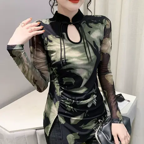 春秋2023新款性感网纱T恤女长袖复古气质小衫设计感开叉镂空上衣商品大图