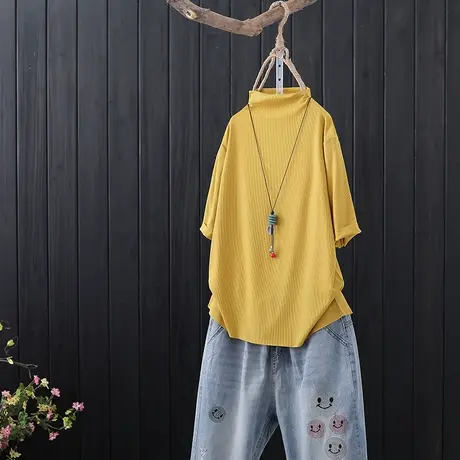 半高领t恤女短袖夏季新款文艺范纯色简约打底衫修身显瘦内搭上衣商品大图