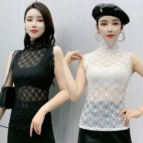 蕾丝打底衫女2022年新款无袖时尚洋气小衫春秋款甜美超仙立领内搭图片