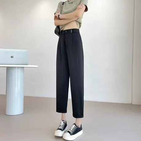 黑色西装裤女九分2023年夏季薄款高腰垂感显瘦冰丝休闲哈伦萝卜裤商品大图