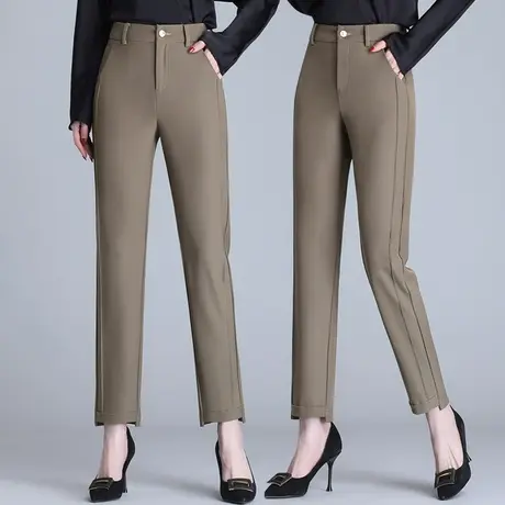 卡其直筒西裤女2023春夏职业女裤显瘦高腰不规则设计感九分哈伦裤图片