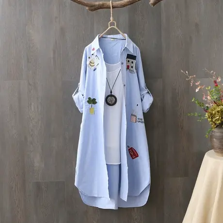 文艺女装中长款纯棉刺绣衬衫女韩版长袖宽松休闲衬衣外套开衫上衣图片