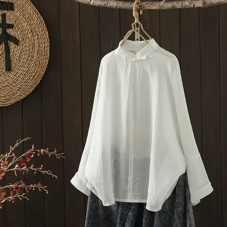 枫谜夏季新款复古小立领盘扣中国风薄款苎麻中式上衣女士百搭衬衣图片