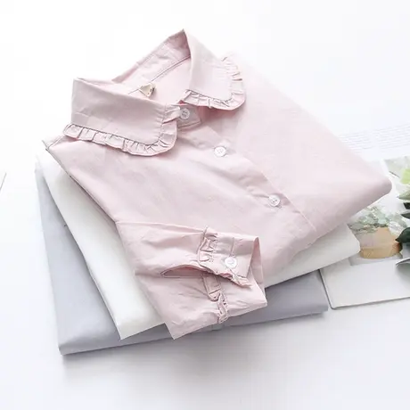 2019春秋装新款韩版纯棉白色荷叶边娃娃领衬衫女长袖学生宽松衬衣图片