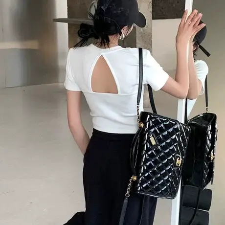 夏季新款设计感露背修身上衣女2023韩版纯色露脐高腰心机短袖T恤商品大图