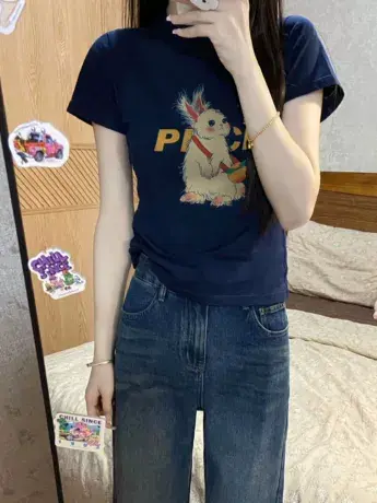 纯棉美式复古短袖t恤女夏季新款设计感修身正肩上衣服短款小个子商品大图