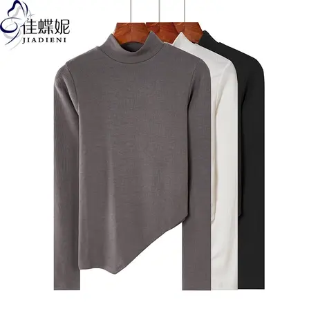 秋季新款韩版纯白修身显瘦纯色中高领不规则长袖体恤上衣内搭女装商品大图