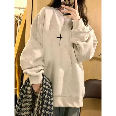 灰色圆领卫衣女小个子秋冬美式复古oversize长袖无帽港味chic上衣图片