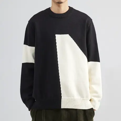 个性帅气毛衣男潮牌黑白撞色圆领韩版2022秋冬拼色文艺前卫针织衫商品大图
