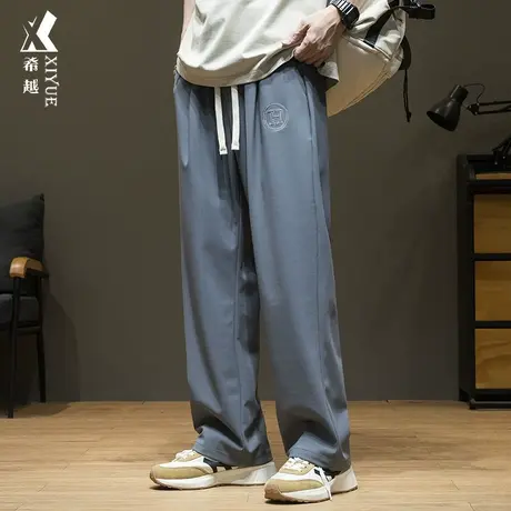 希越菱形格冰丝休闲裤男秋冬薄款宽松大码直筒长裤垂坠感阔腿裤子商品大图