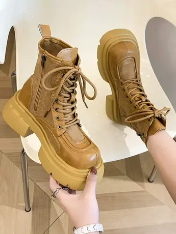 欧货2023新款英伦风马丁靴女夏款帆布皮面短靴厚底大黄靴子机车靴商品大图