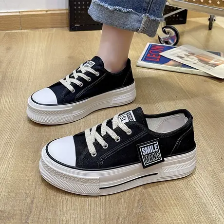 小众设计黑色帆布鞋女2023年夏季新款厚底松糕底增高运动休闲板鞋图片