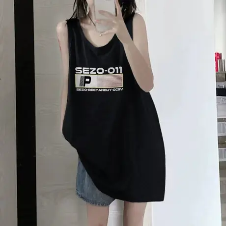 美式复古纯棉吊带运动坎肩背心无袖t恤女夏外穿宽松港风挂脖上衣商品大图