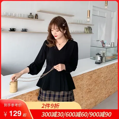 绮娑大码显瘦胖MM上衣女秋装新款气质百褶收腰遮肚子长袖V领小衫商品大图