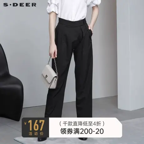 sdeer圣迪奥休闲高腰拼接垂感阔腿黑色直筒长裤女S21180819商品大图