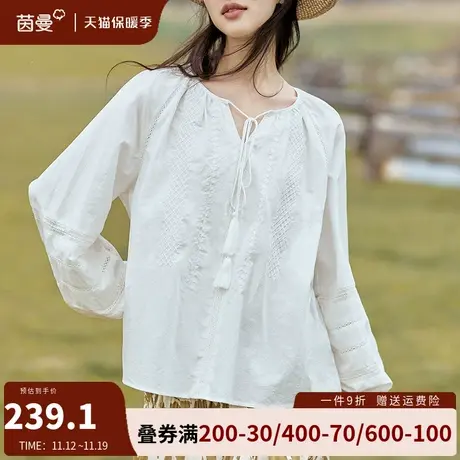 茵曼旗舰店小清新纯棉白衬衣女2023秋冬新款圆领系带上衣长袖衬衫商品大图