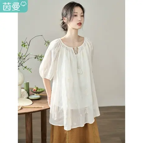 【商场同款】茵曼全麻衬衫2023夏季女装新款流苏系带圆领绣花上衣商品大图