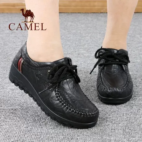 Camel/骆驼女鞋春秋季款真羊皮系带坡跟式舒适单中年休闲妈妈鞋子图片