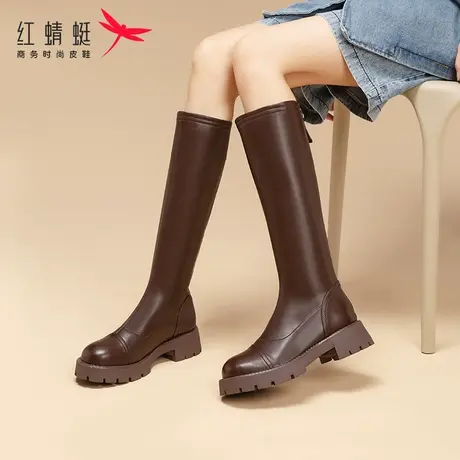 红蜻蜓靴子女长筒靴秋冬季新款百搭加绒长靴棕色骑士靴显瘦高筒靴图片