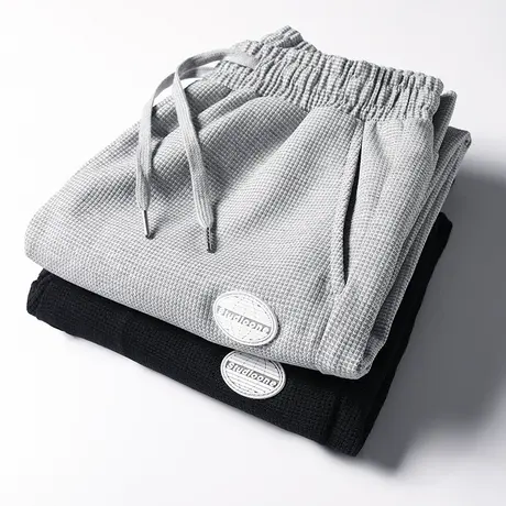 华夫格卫裤男士宽松阔腿直筒运动休闲裤贴标抽绳束脚裤子男春秋款商品大图