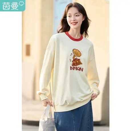 茵曼卫衣女秋装新款休闲t恤刺绣复古体t恤圆领宽松长袖运动衫图片