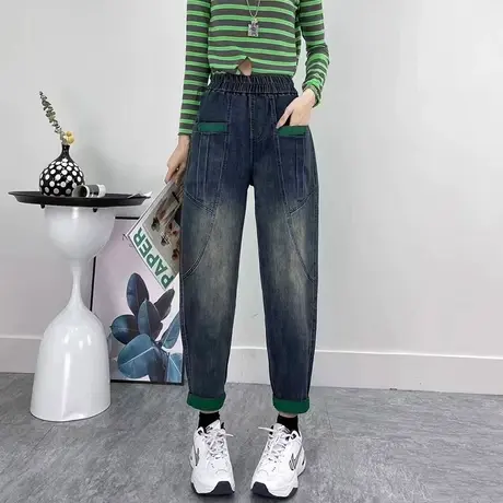 2023秋季新款牛仔哈伦裤女宽松显瘦文艺贴布萝卜裤大码九分老爹裤商品大图