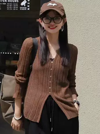 韩系开叉v领针织衫秋装女2023年新款修身显瘦设计感小众长袖上衣商品大图