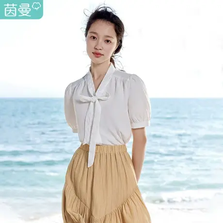 茵曼法式气质衬衣2023夏季女装新款系带领修身显瘦泡泡袖短袖衬衫图片