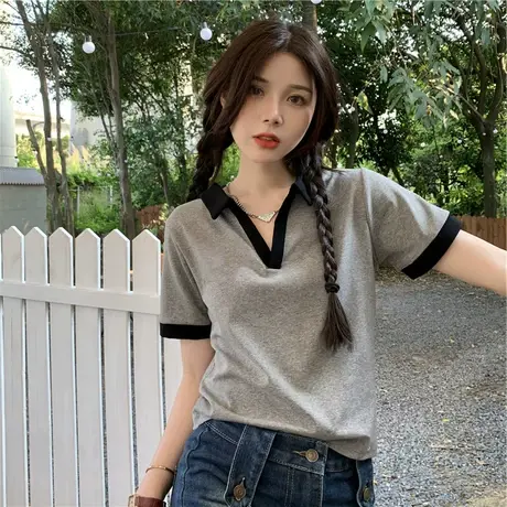 灰色正肩polo领短袖T恤女夏季2023新款设计感小众别致甜辣妹上衣商品大图