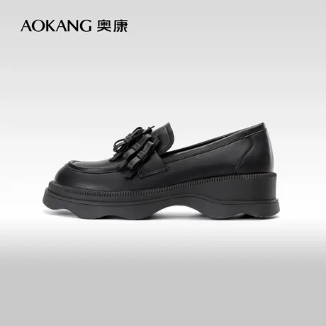 奥康女鞋 春秋季甜美休闲时尚乐福鞋蝴蝶结少女小皮鞋黑色图片
